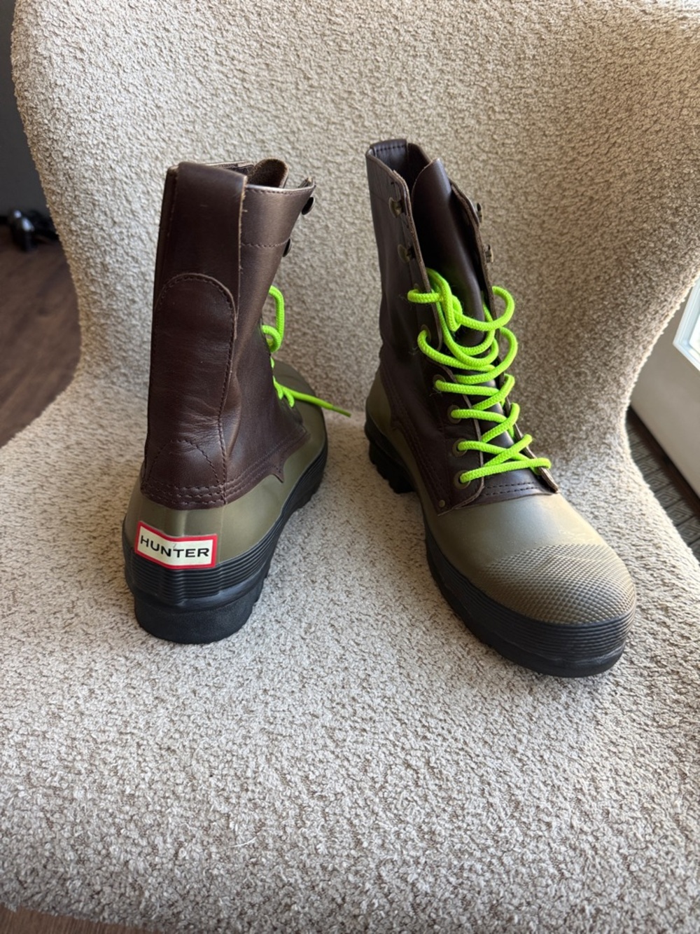 Hunter Men’s Brown and Olive Rain Boots with Neon Green Laces
